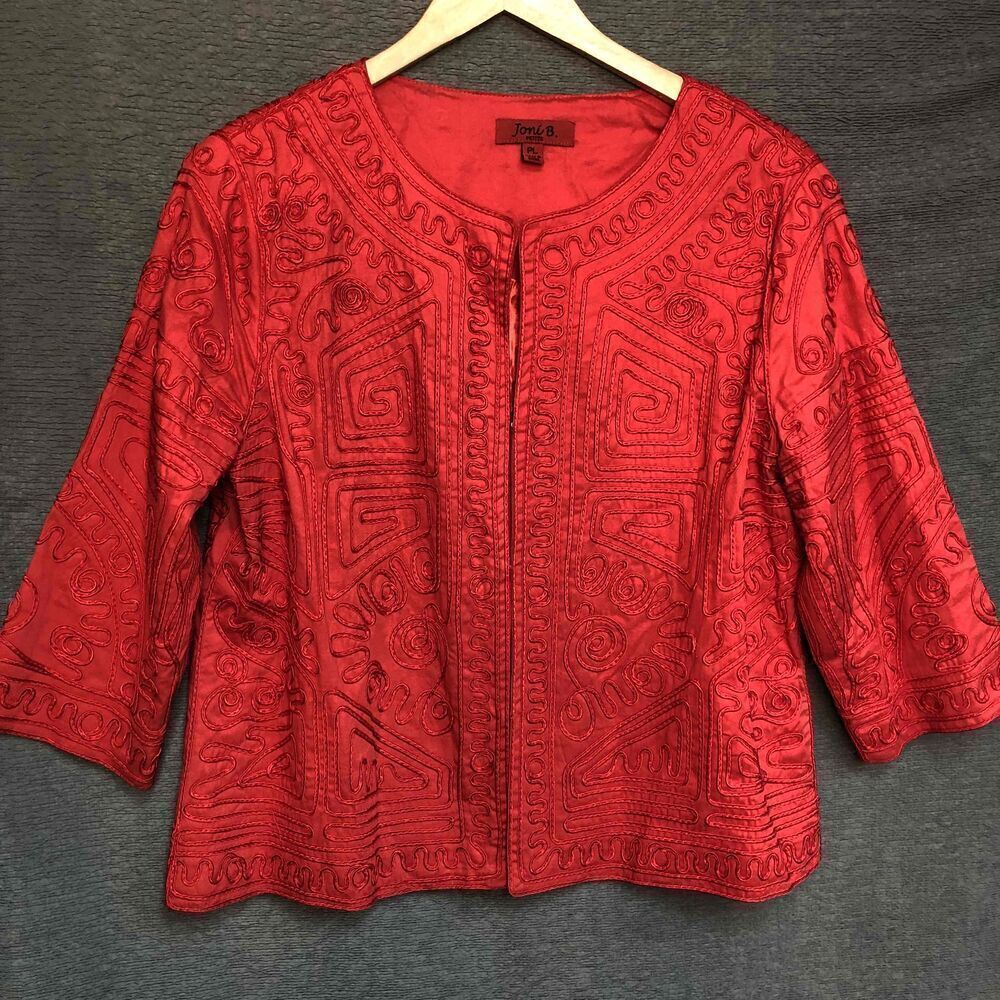 Joni B Red Embroidered Jacket Hook Closure 3/4 Sleeve Womens Petite PL